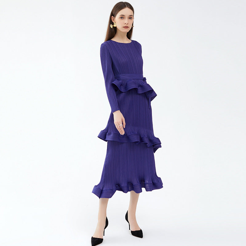 Ruffled Long Sleeve Lace-up Dress Women's Mid-Length Simple Slim Fit Bottoming Skirt