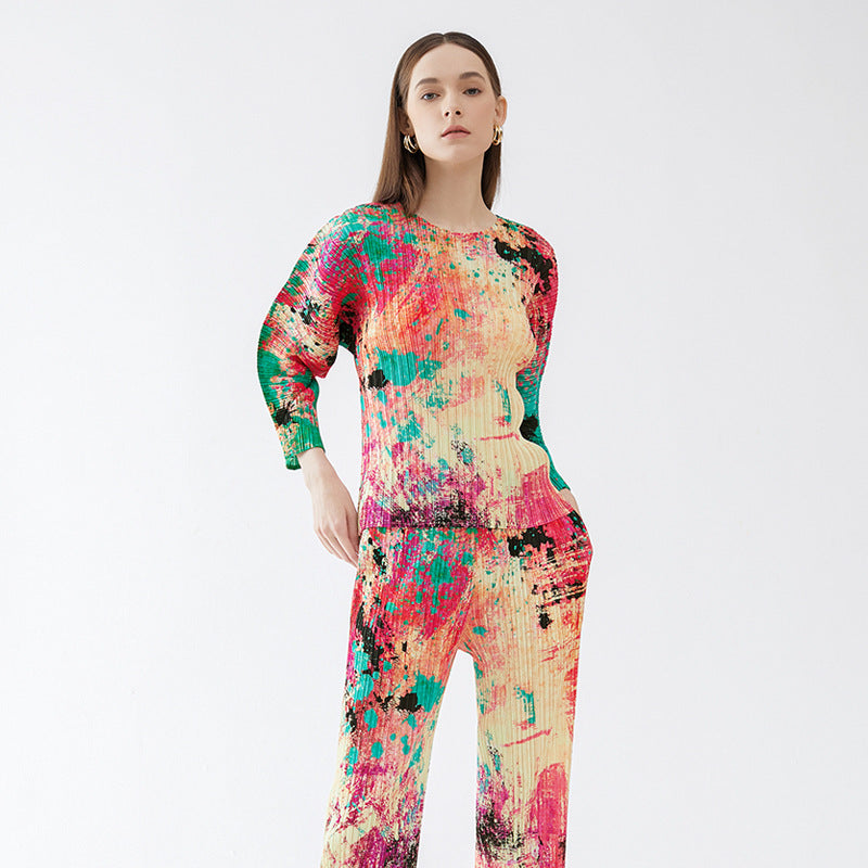 Printing Suit Women's Slim Hand-Painted Long-Sleeved Top Casual Pants Come to Two-Piece Suit Women