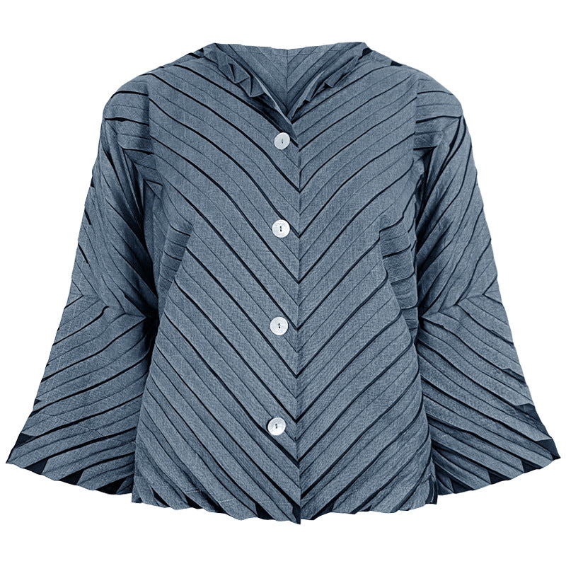 Elegant Versatile Top Unique Inkjet Striped Flared Long Sleeve Pleated Coat for Women