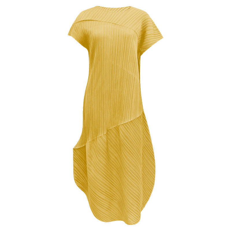 Peanut Dress Female Slimming Sense of Design Niche Folding Short Sleeve Asymmetric Skirt Female