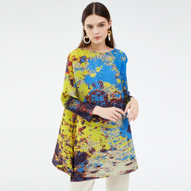 Irregular Contrast Color Long Sleeves Casual Niche Top Women's Starry Sky Printed T-shirt