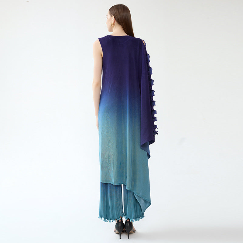 Cross-Border Irregular One-Shoulder Sleeve round Neck Gradient Color Dress Casual Pants Two-Piece Set