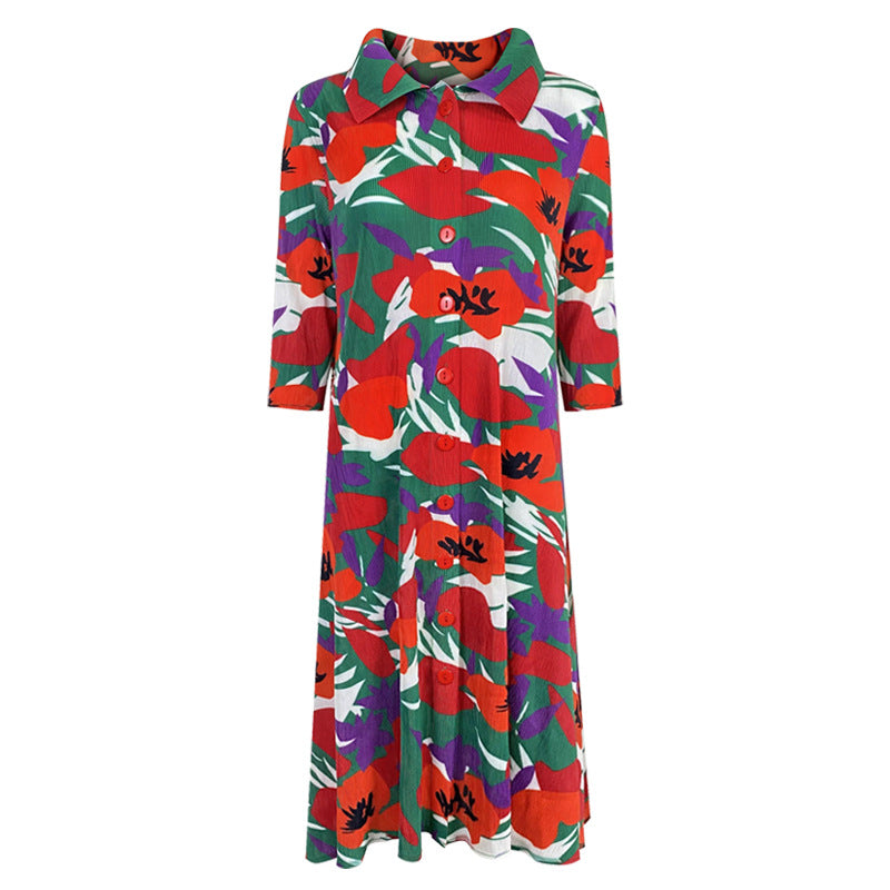 Half Sleeve Polo Collar Loose Flower Pleated Gentle Dress Women's Single Breasted