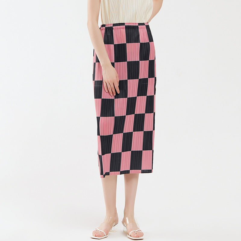 Elegant Pleated Skirt Chessboard Plaid A- line Sheath Skirt Women