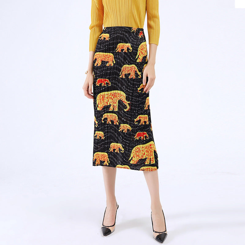 Pleated Casual Slim Fit Versatile Elephant Printed Spring and Winter Skirt A- Line Sheath Skirt