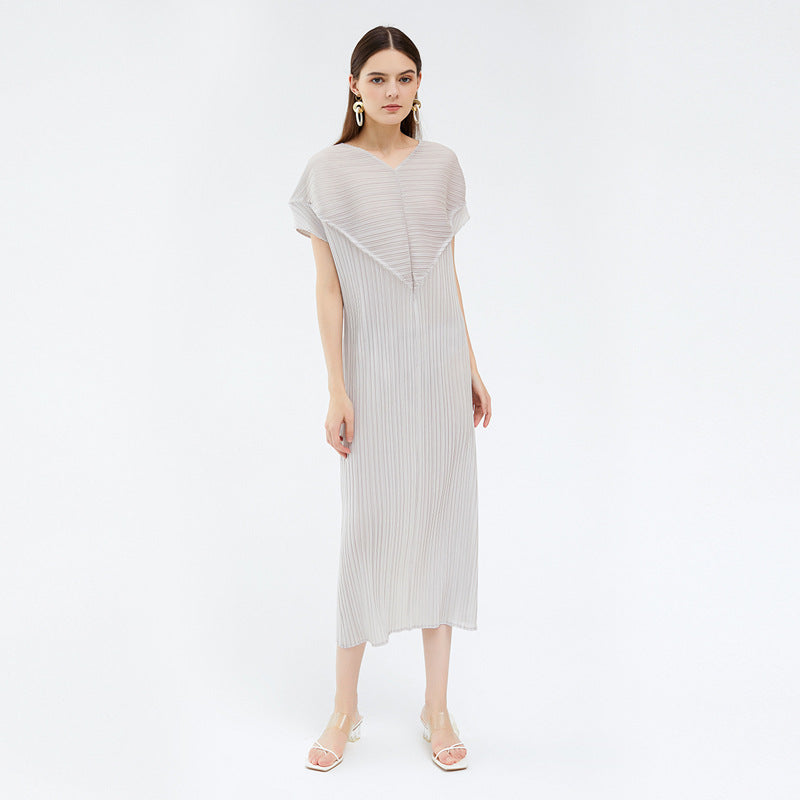 Short Sleeve Skirt Long Heart V-neck Slim Fit Dress Women Pure Color Slimming