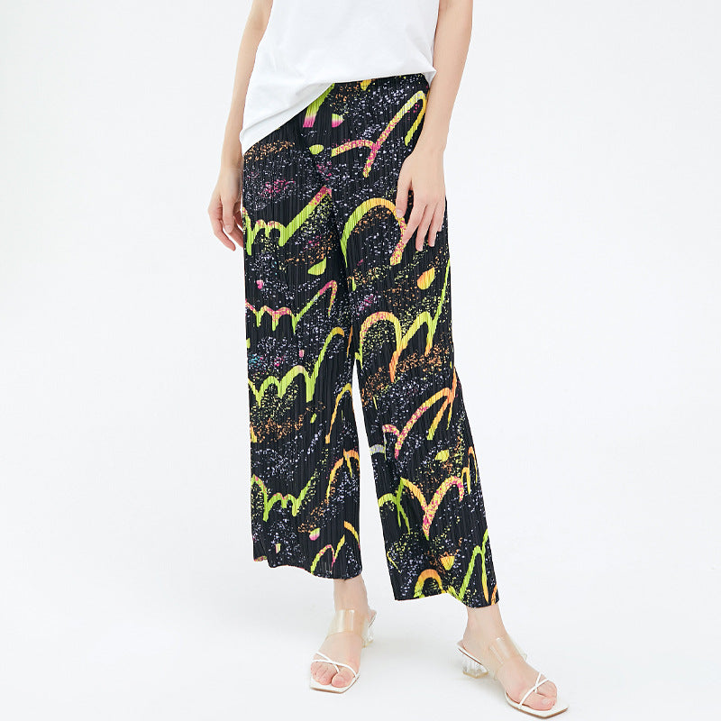 All-Matching Pleated Print Slimming Loose Casual Wide-Leg Pants for Women