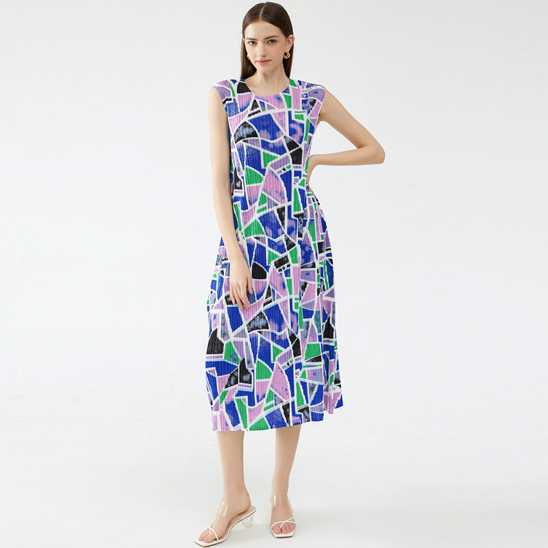 Printing and Dyeing Dress Pleated round Neck Sleeveless Contrast Color Square Mid-Length Dress