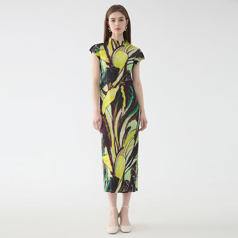 Flying Sleeves Printed Dress Women's Mid-Length Simple Slim Half Collar Bottoming Skirt