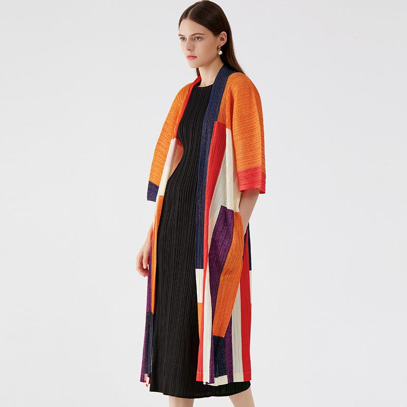 Plus Size Loose Pleated Color Matching Long Sleeve Dress Classic Style Women