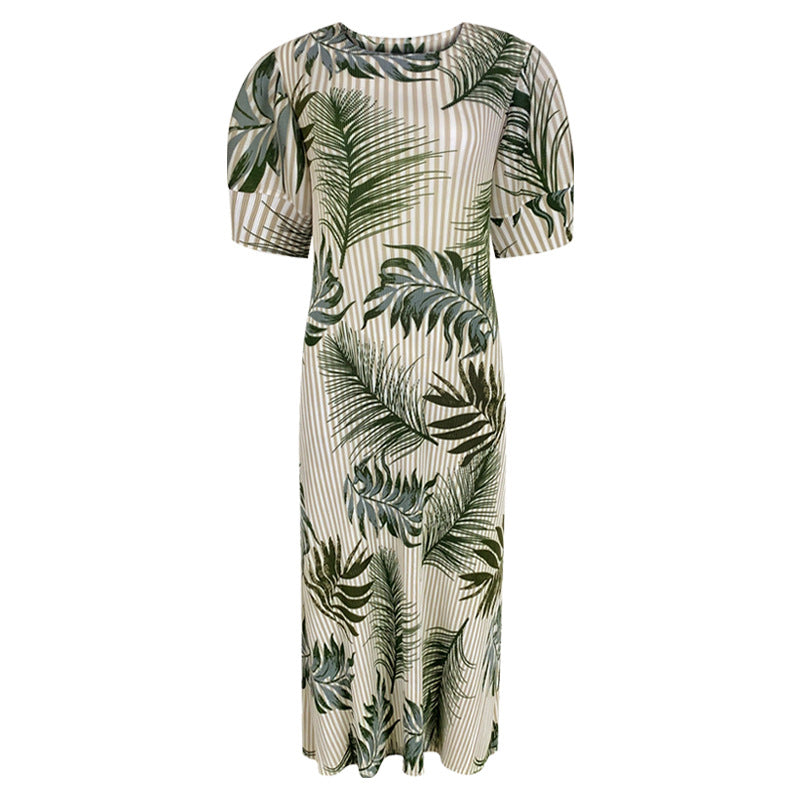 Casual Puff Sleeve Slim Fit Figure Flattering round-Neck Short Sleeve Dress Women A- line Skirt Women