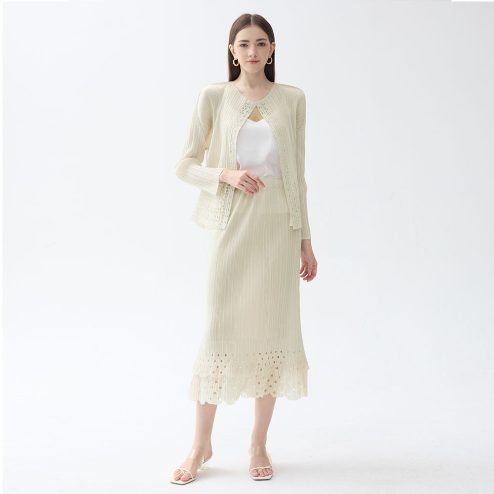 Casual Hollow-out Apricot Long Sleeve Cardigan Jacket Chanel's Style Skirt Women's Two-Piece Set