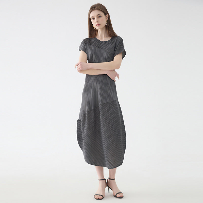 Peanut Dress Female Slimming Sense of Design Niche Folding Short Sleeve Asymmetric Skirt Female