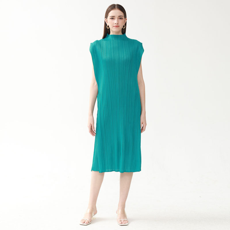 Dress Women's Casual Pleated Slim-Fit round Neck Mid-Length Sleeveless Versatile A- line Skirt