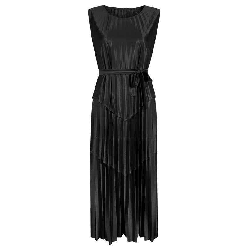 Heavy Satin Stitching Belt Dress Female Temperament Forged Silk Glossy Sleeveless Waist Trimming below the Knees