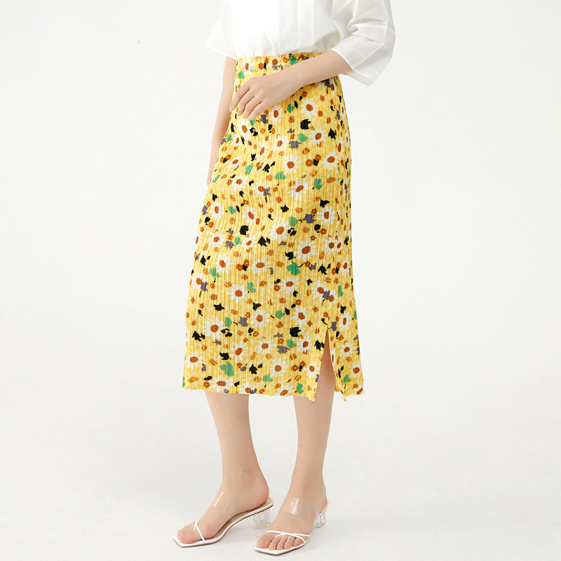Mid-Waist Skirt Mid-Length Slimming Women's Fold Floral Long Skirt Summer Skirt