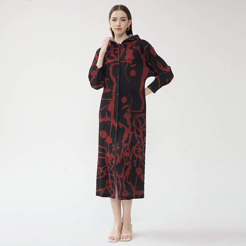 Casual Printed Shawl Women's Autumn Long-Sleeved Single-Breasted Skirt with Hat Dress Women