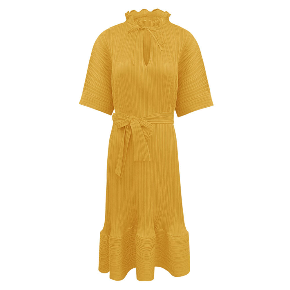 Pettiskirt Short Sleeve Lace-up Dress Women's Mid-Length Simple Loose Solid Color Dress