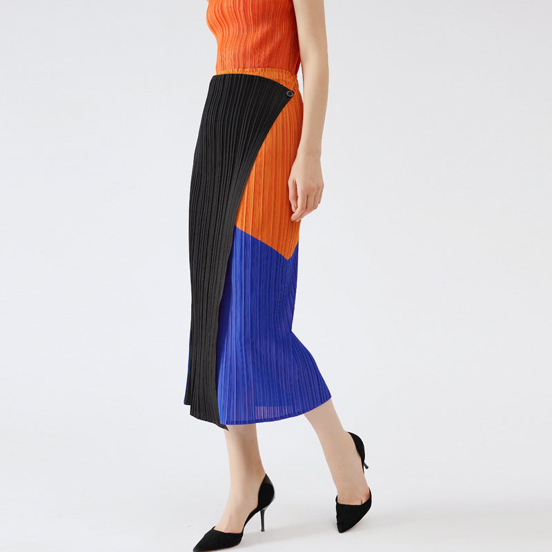 Casual Style Orange Blue Mid-Length Slim-Fit Pleated Skirt Waist A- line Skirt for Women Summer