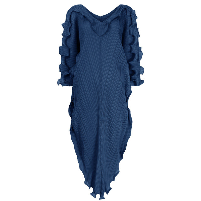 Loose Lotus Leaf Long Sleeve Pleated Dress Temperament Pure Color Loose Bottoming Skirt