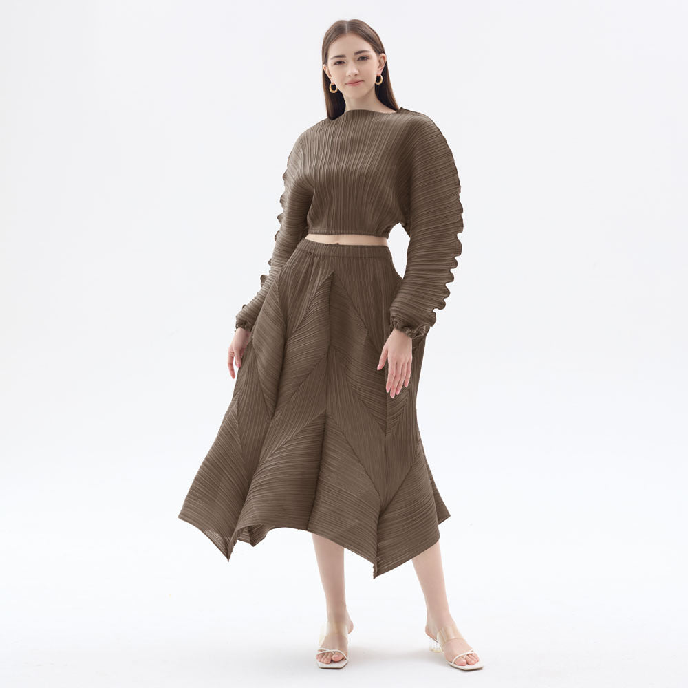 Pleated Suit Solid Color Design Long Sleeve Short Top Bubble Skirt Casual Two-Piece Suit