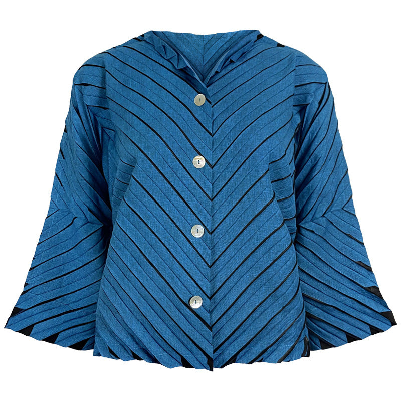 Elegant Versatile Top Unique Inkjet Striped Flared Long Sleeve Pleated Coat for Women