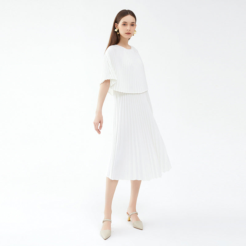 Fake Two Pieces Wool All-Match Dress Women's Graceful Pleated Skirt Solid Color Pleated Skirt