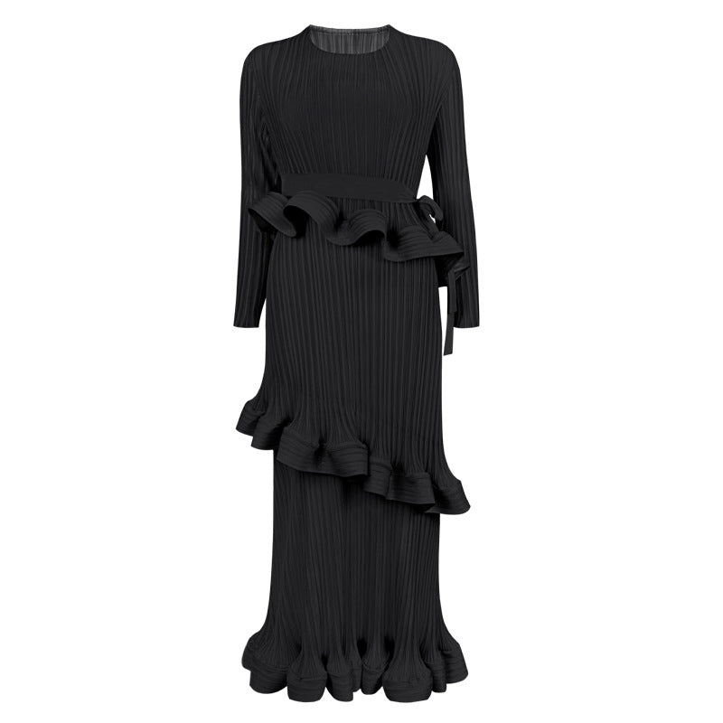 Ruffled Long Sleeve Lace-up Dress Women's Mid-Length Simple Slim Fit Bottoming Skirt