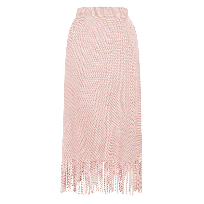 Scale Pleated Waist Pure Color All-Matching Tassel A- line Midi Skirt Women's Multicolor