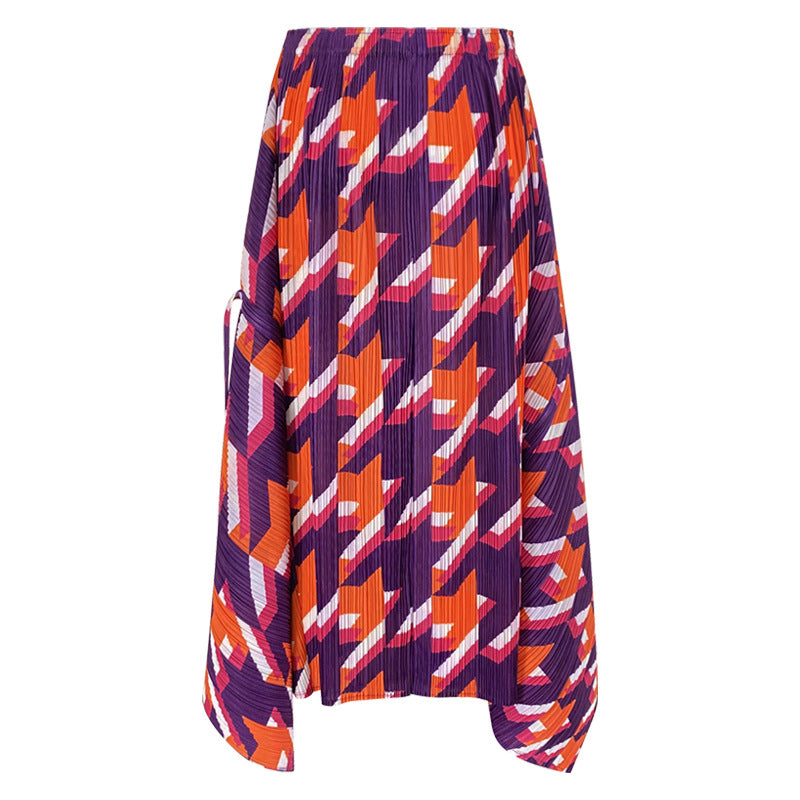 Casual Style Houndstooth Skirt Female Waist Slimming Slit Versatile Pleated Dress