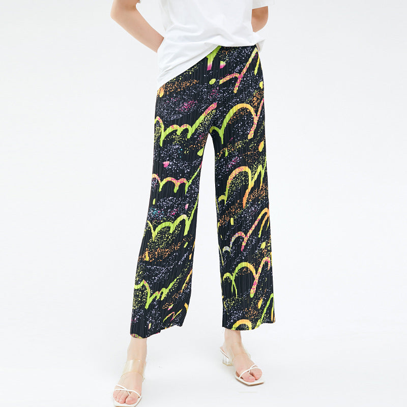 All-Matching Pleated Print Slimming Loose Casual Wide-Leg Pants for Women