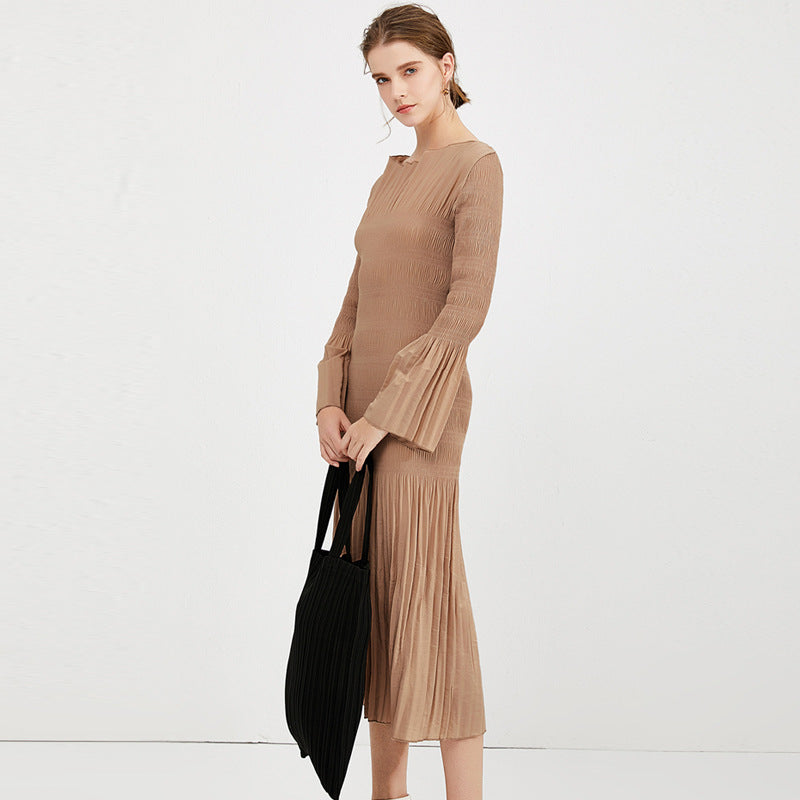 Season Bell Sleeve Dress Slim Fit Slimming Wide Collar Midi Dress