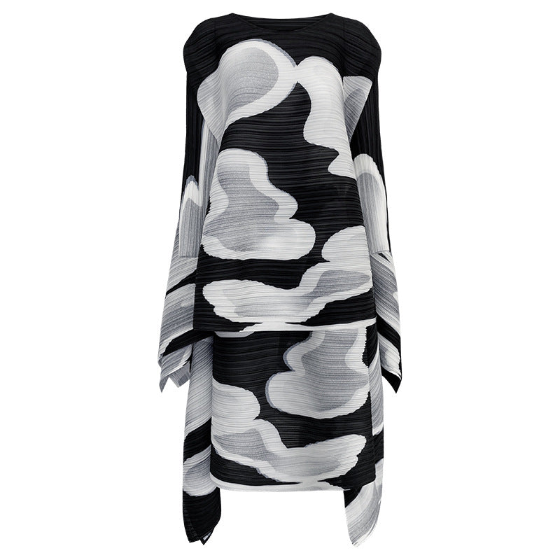 Irregular Black and White Set Loose round Neck Long Sleeve T-shirt Skirt Two-Piece Set for Women