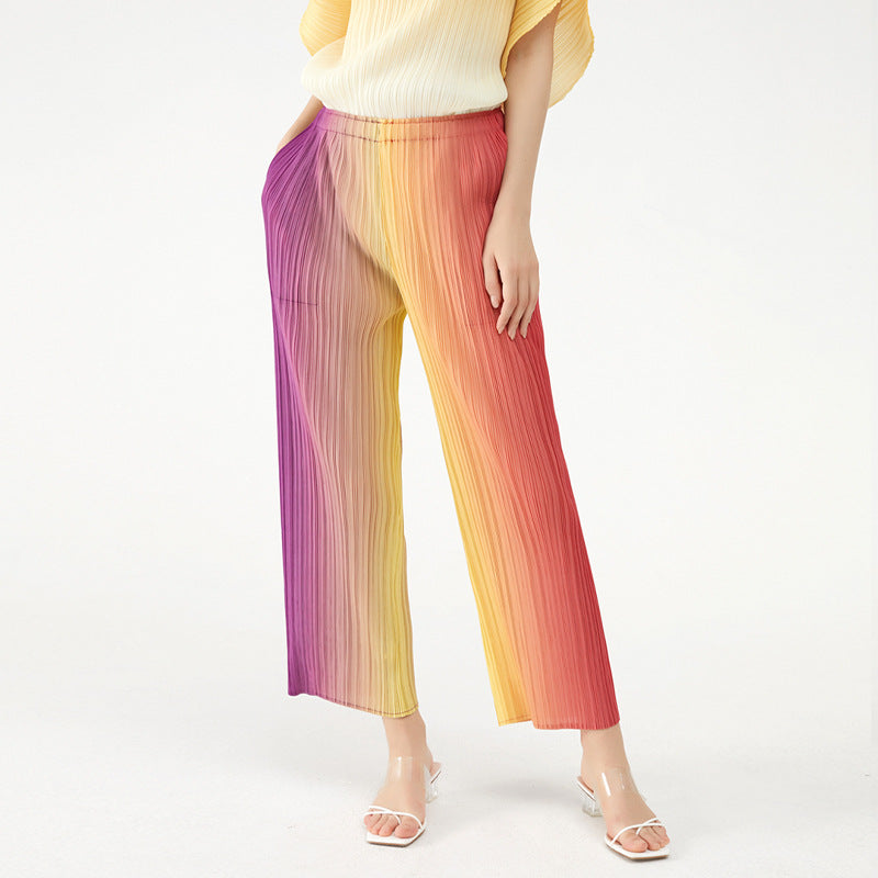 Artistic Pleated Wide-Leg Pants Women Loose plus Size Waist Gradient Rainbow Pants Straight-Leg Trousers Women