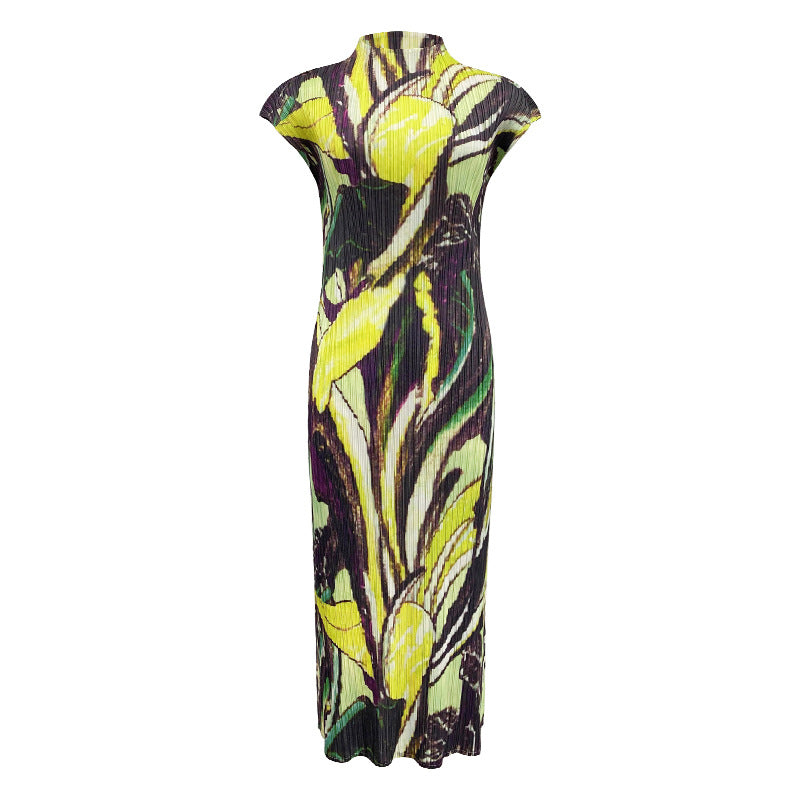 Flying Sleeves Printed Dress Women's Mid-Length Simple Slim Half Collar Bottoming Skirt