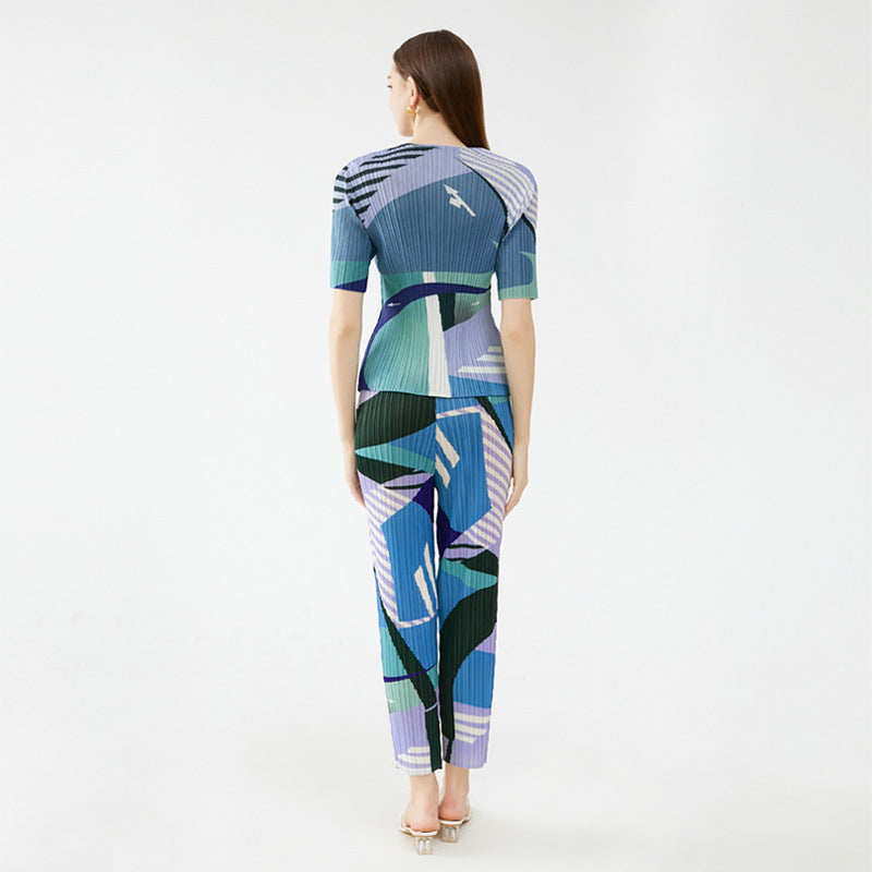 Printing and Dyeing Pleated Suit Slim Slimming Commuting Style Short-Sleeved Shirt Casual Pants Two-Piece Set