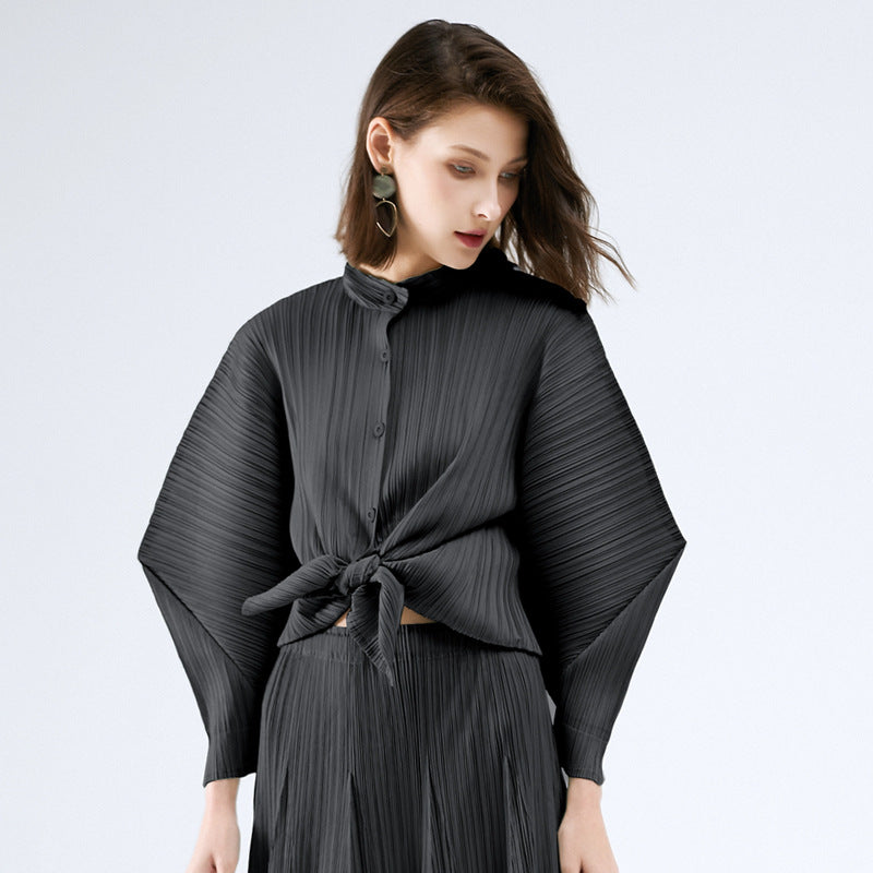 Batwing Long Sleeve Stand Collar Top Loose Slimming Shirt Cardigan Buckle Niche Horn Style