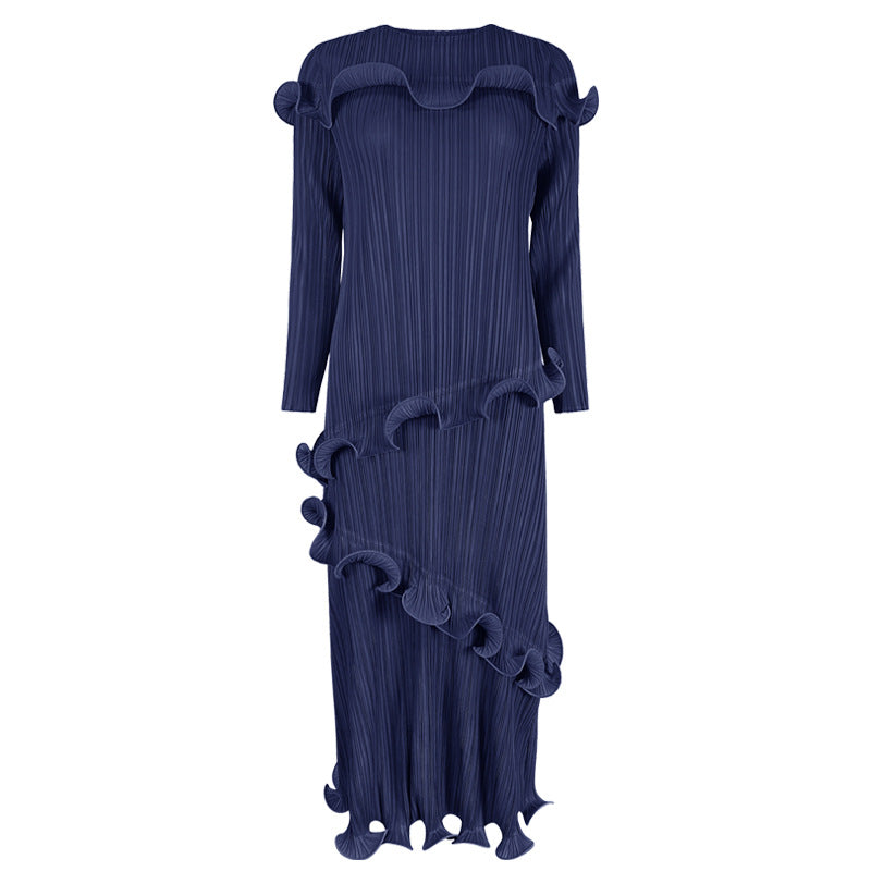 Pleated Slim Solid Color Long Sleeve Skirt plus Size Dress Women