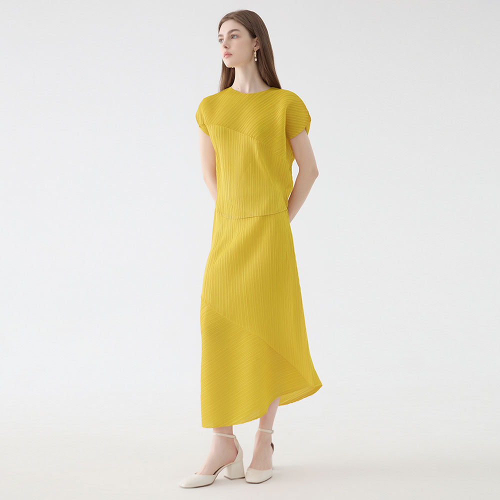 Folding round Neck Sleeve Top Casual Irregular Skirt Solid Color Two-Piece Set for Women