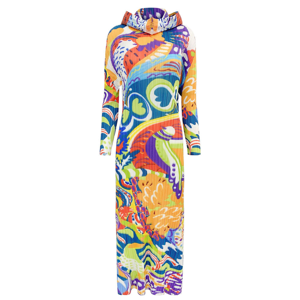 Pleated Long Sleeve Casual Wind Dress Shawl Graffiti Color Slim-Fit Hood Dress