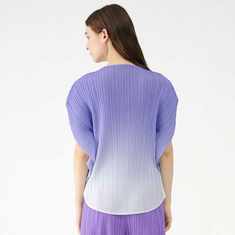 Gradient Color Short-Sleeved T-shirt Women's Simple Style Small Loose All-Match round Neck Pleated Top