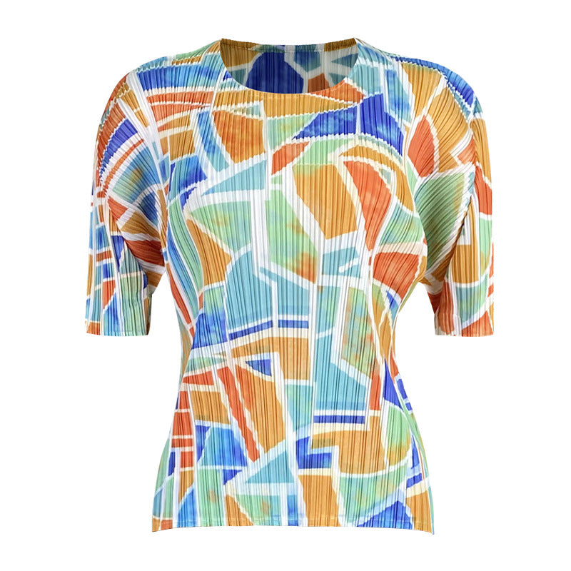 Pleated Suit round Neck Short Sleeve Loose Printing and Dyeing Casual Trousers Elegant Square Two-Piece Set for Women