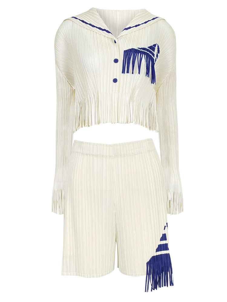 Sense of Design Shirt Shorts Sailor Two-Piece Set Women Tassel Contrast Color Waist Shorts Suit Women