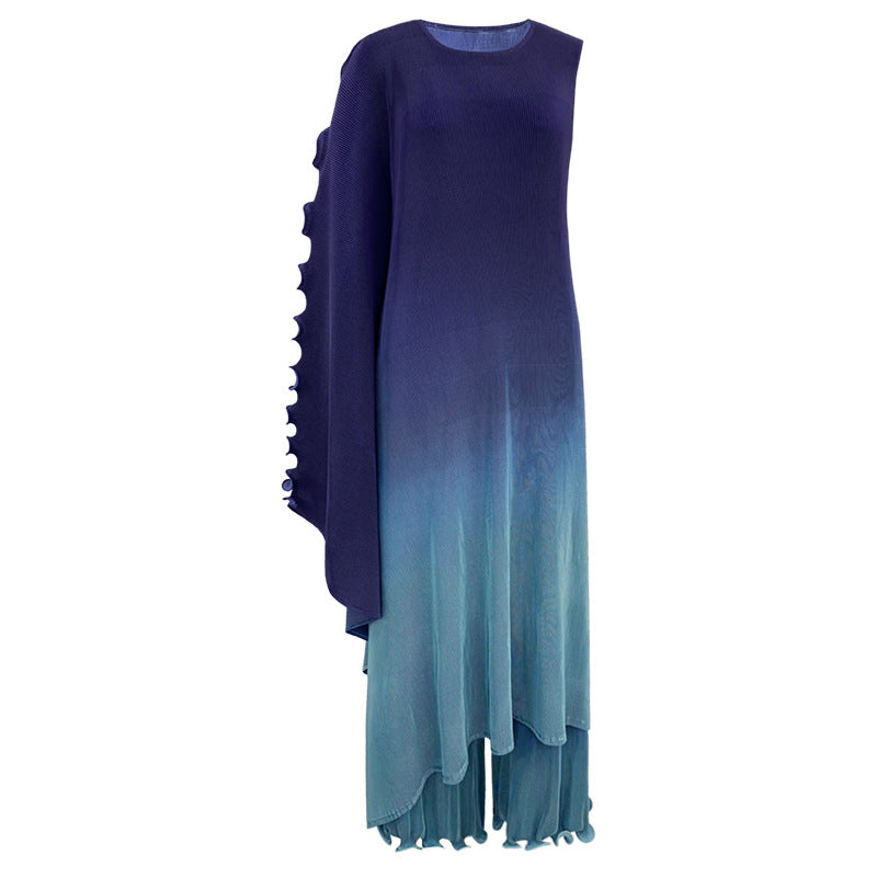 Cross-Border Irregular One-Shoulder Sleeve round Neck Gradient Color Dress Casual Pants Two-Piece Set