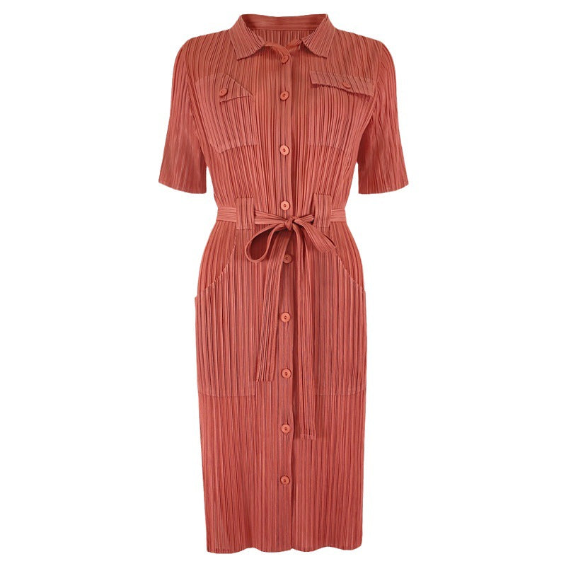 Plus Size Dress Slim Waist Solid Color Pleated Lapel Mid-Length