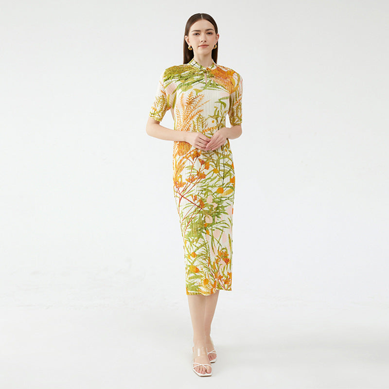 Short Sleeve Printed Cheongsam Dress Elegant Chinese Style Floral Cheongsam Long Dress