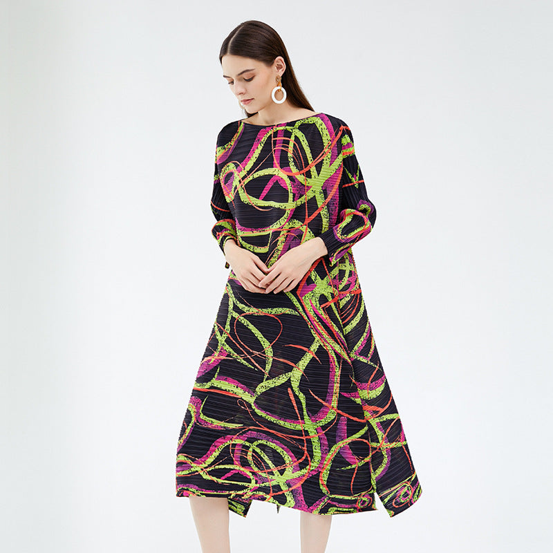 Design Loose Line Floral Print Slit Casual Pleated Midi Dress for Women