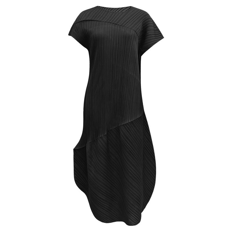 Peanut Dress Female Slimming Sense of Design Niche Folding Short Sleeve Asymmetric Skirt Female