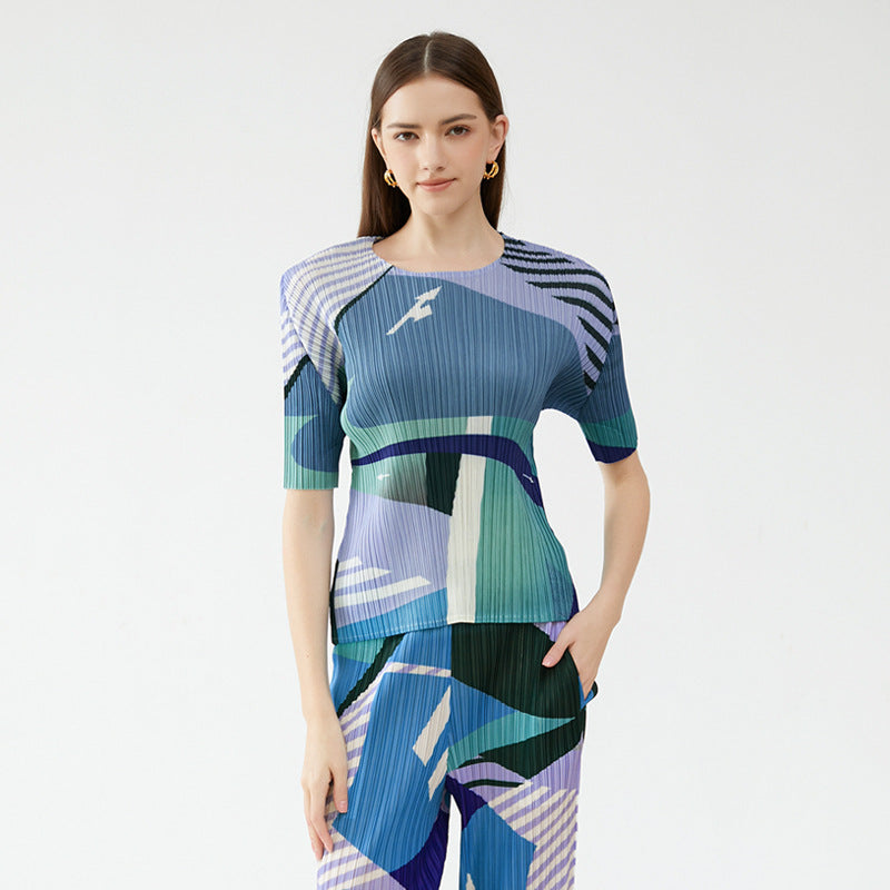 Printing and Dyeing Pleated Suit Slim Slimming Commuting Style Short-Sleeved Shirt Casual Pants Two-Piece Set