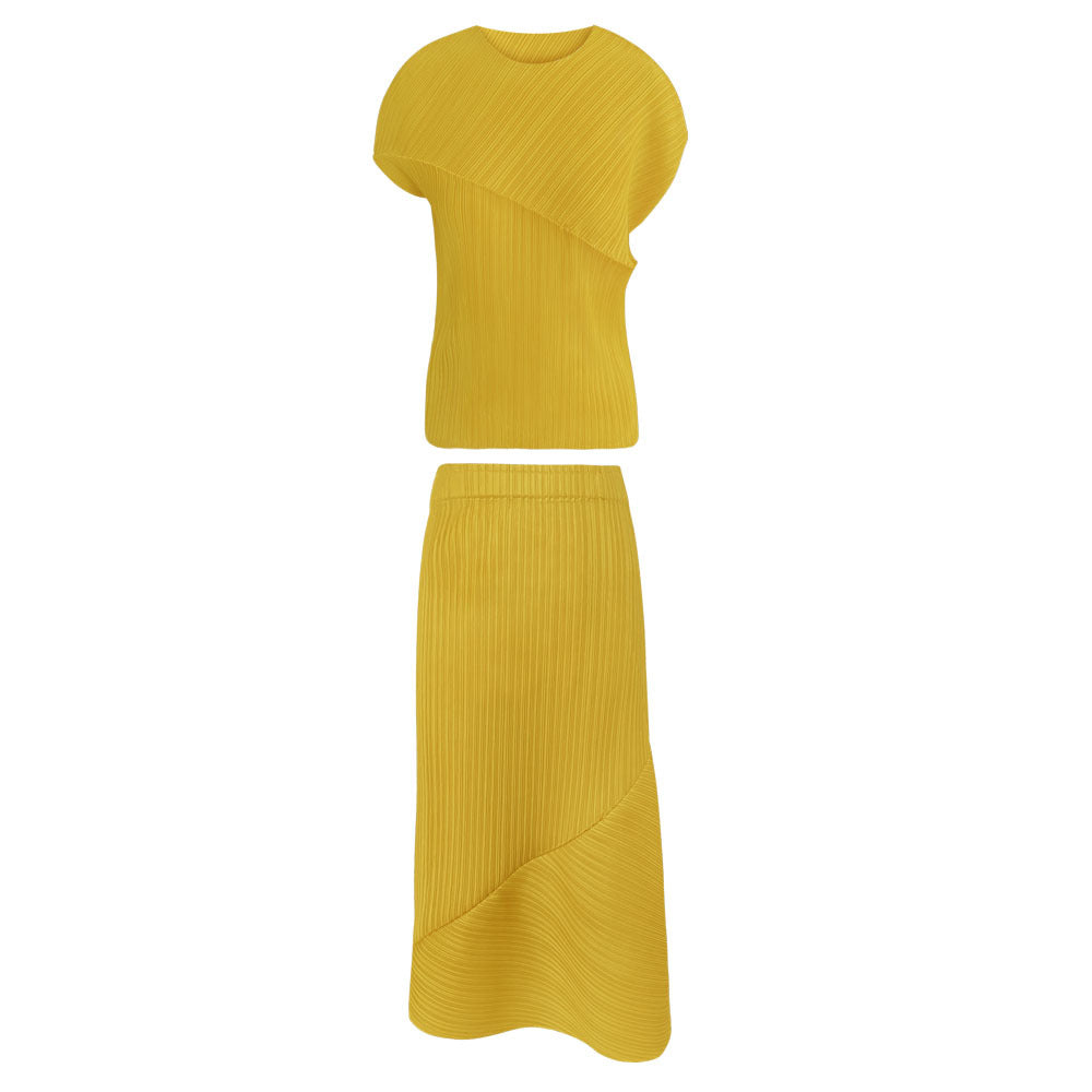 Folding round Neck Sleeve Top Casual Irregular Skirt Solid Color Two-Piece Set for Women